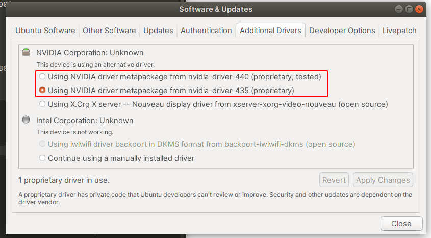 Nvidia proprietary driver option in Ubuntu's Additional Drivers menu.