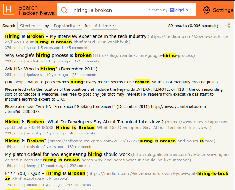 Search results for 'hiring is broken' on Algolia's HN search page.