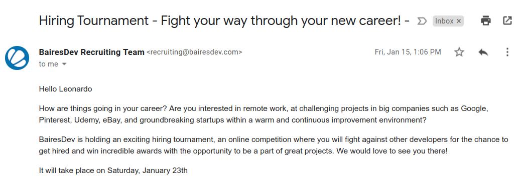 An email from a company called BairesDev inviting me to fight for a job in a coding tournament.