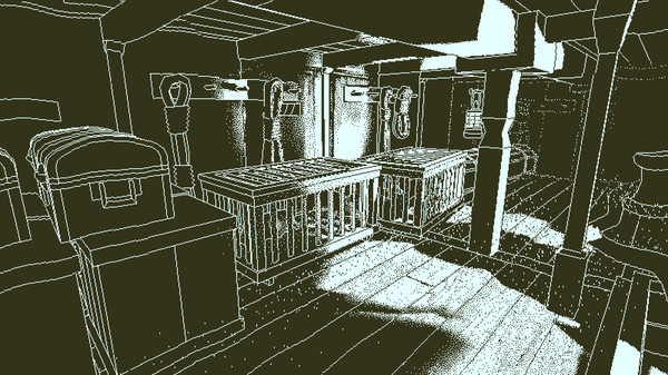 Screenshot of the video game Return of the Obra Dinn, showing a black-and-white 3D environment.