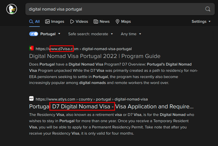 Search results for 'digital nomad visa portugal' showing the D7 visa in.