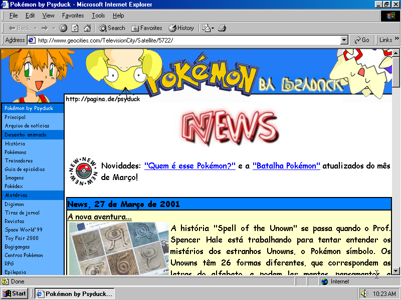 View of an old website about Pokemon